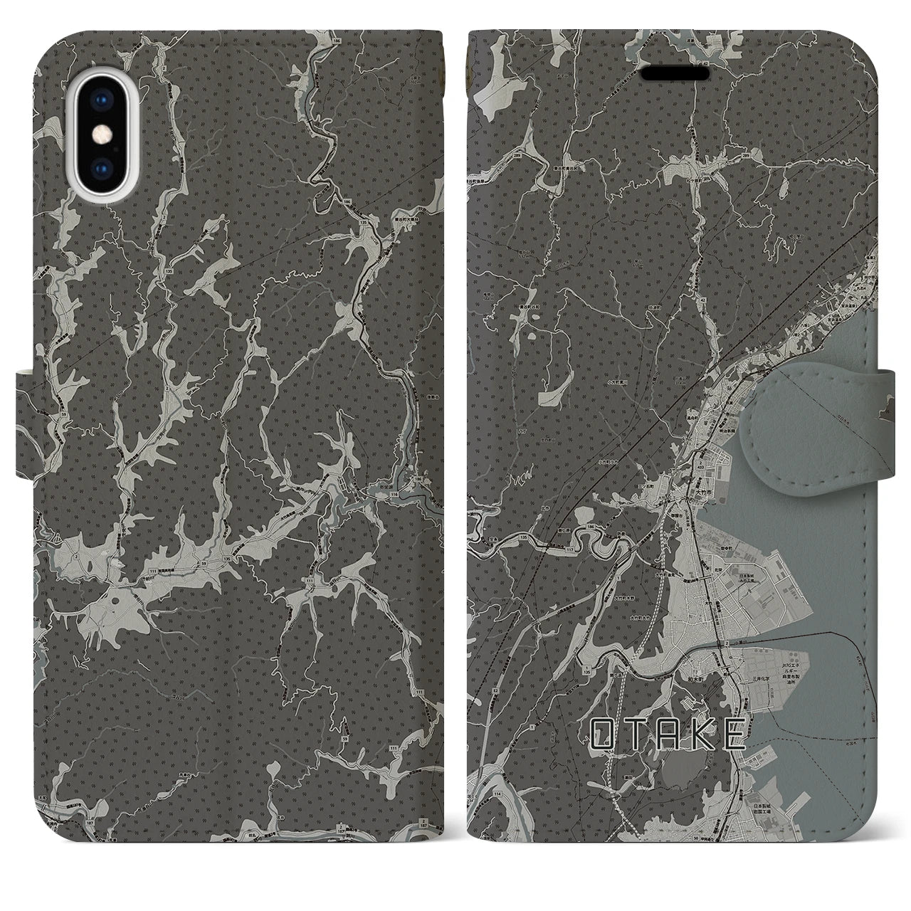 【大竹(広島県)】地図柄iPhoneケース(手帳タイプ)モノトーン・iPhone XS Max 用