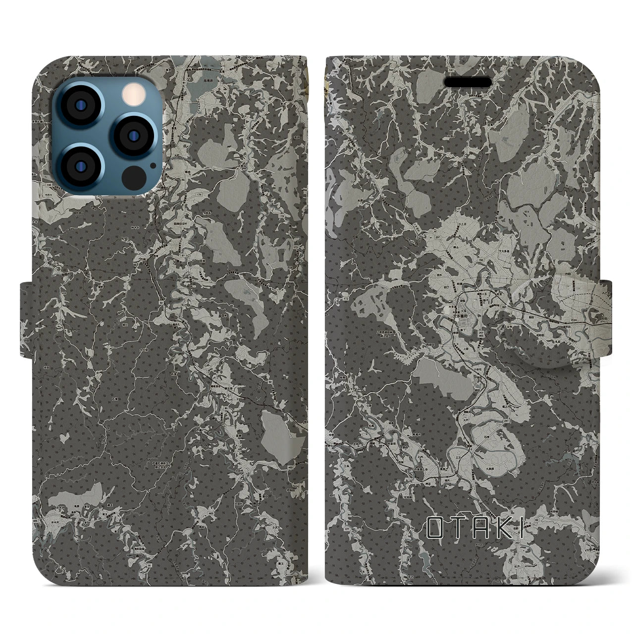 【大多喜(千葉県)】地図柄iPhoneケース(手帳タイプ)モノトーン・iPhone 12 / 12 Pro 用