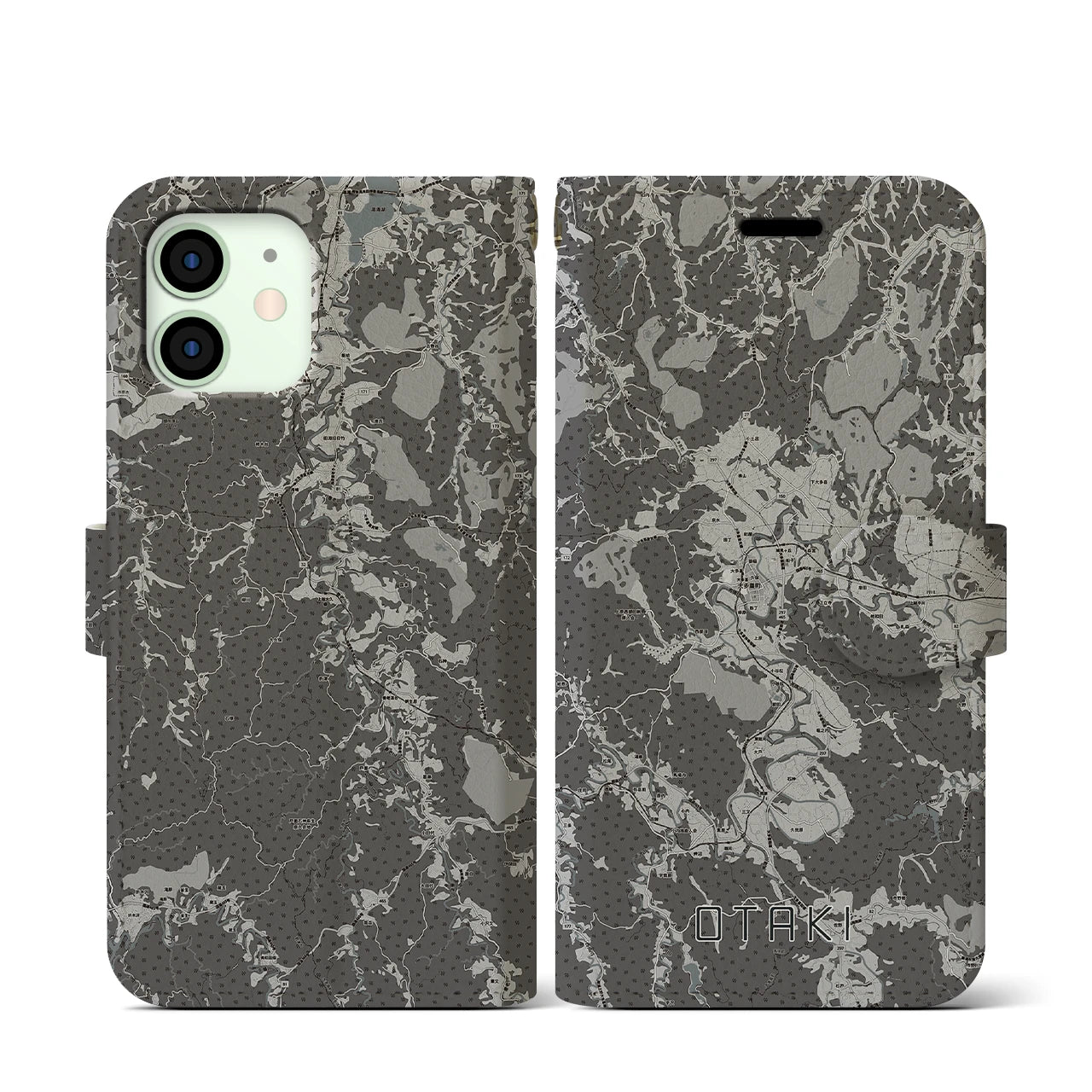 【大多喜(千葉県)】地図柄iPhoneケース(手帳タイプ)モノトーン・iPhone 12 mini 用