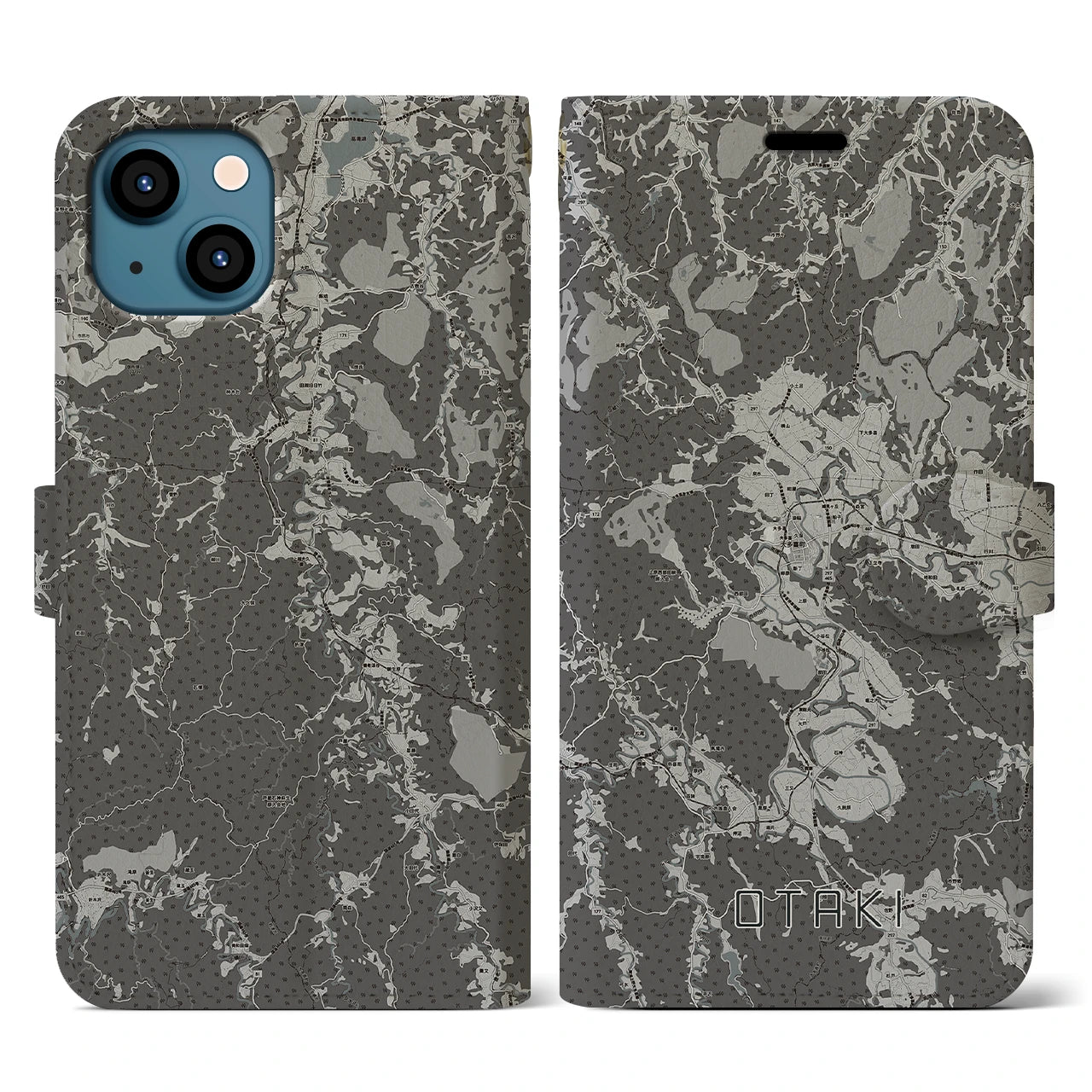 【大多喜(千葉県)】地図柄iPhoneケース(手帳タイプ)モノトーン・iPhone 13 用