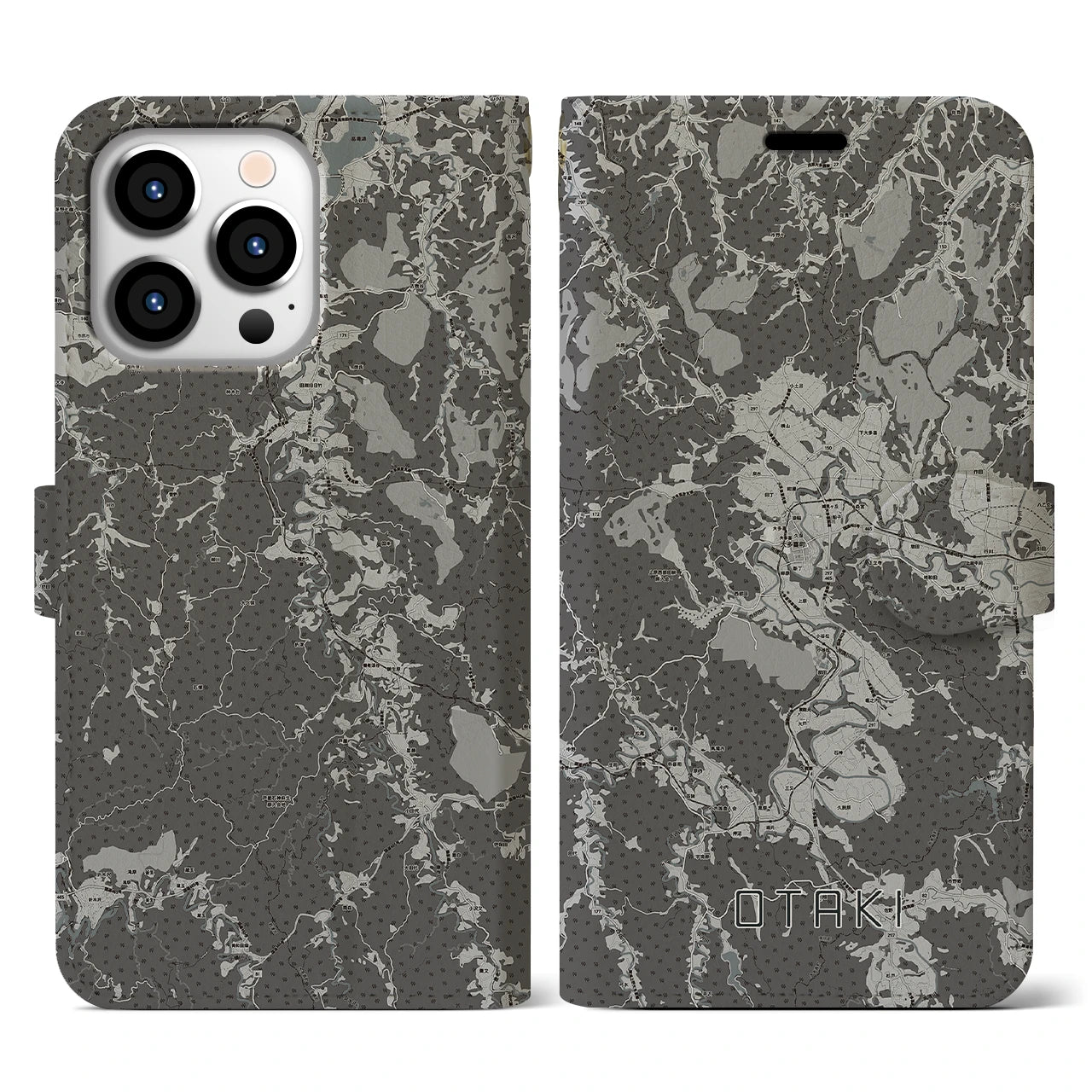【大多喜(千葉県)】地図柄iPhoneケース(手帳タイプ)モノトーン・iPhone 13 Pro 用