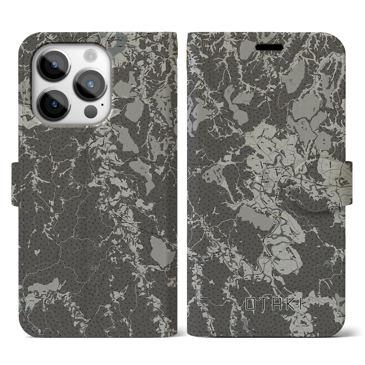 【大多喜(千葉県)】地図柄iPhoneケース(手帳タイプ)モノトーン・iPhone 14 Pro 用
