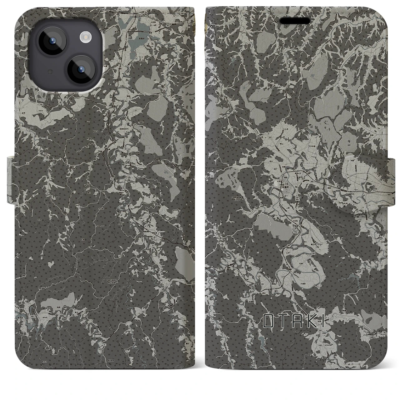 【大多喜(千葉県)】地図柄iPhoneケース(手帳タイプ)モノトーン・iPhone 14 Plus 用