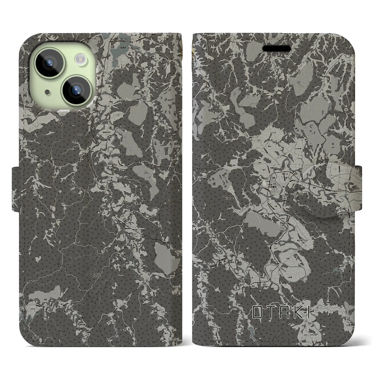 【大多喜(千葉県)】地図柄iPhoneケース(手帳タイプ)モノトーン・iPhone 15 用
