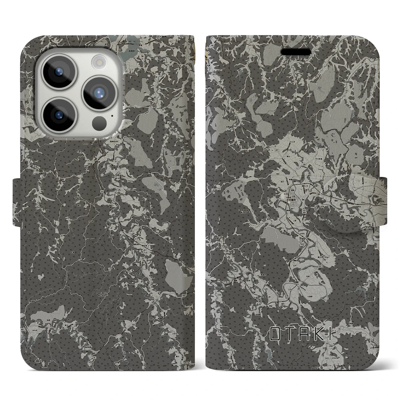 【大多喜(千葉県)】地図柄iPhoneケース(手帳タイプ)モノトーン・iPhone 15 Pro 用