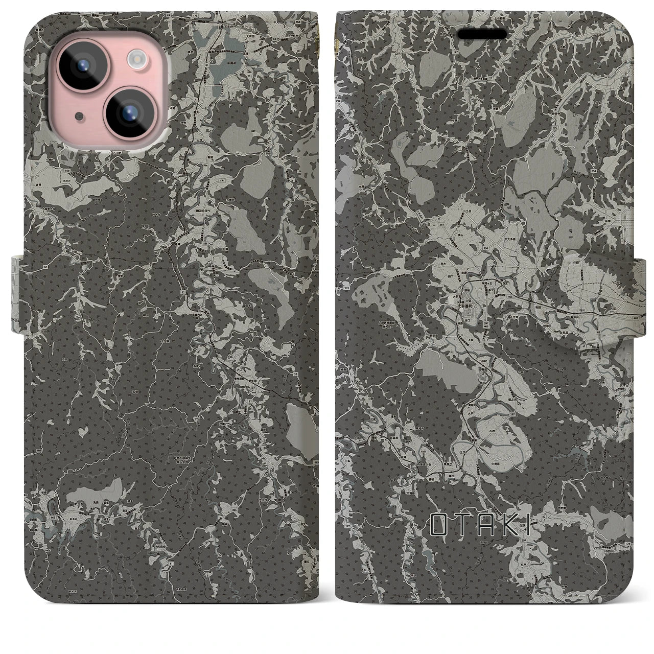【大多喜(千葉県)】地図柄iPhoneケース(手帳タイプ)モノトーン・iPhone 15 Plus 用