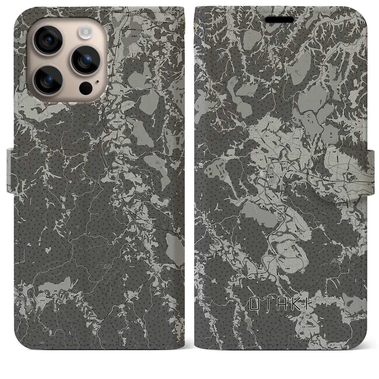 【大多喜(千葉県)】地図柄iPhoneケース(手帳タイプ)モノトーン・iPhone 16 Plus 用