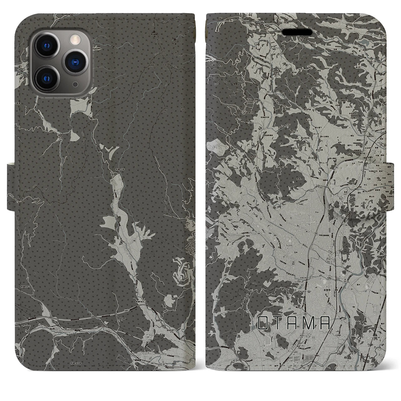 【大玉(福島県)】地図柄iPhoneケース(手帳タイプ)モノトーン・iPhone 11 Pro Max 用