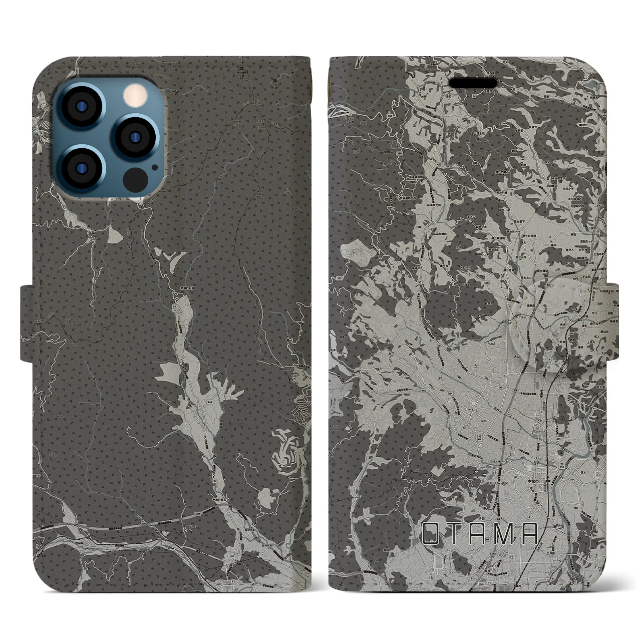 【大玉(福島県)】地図柄iPhoneケース(手帳タイプ)モノトーン・iPhone 12 / 12 Pro 用