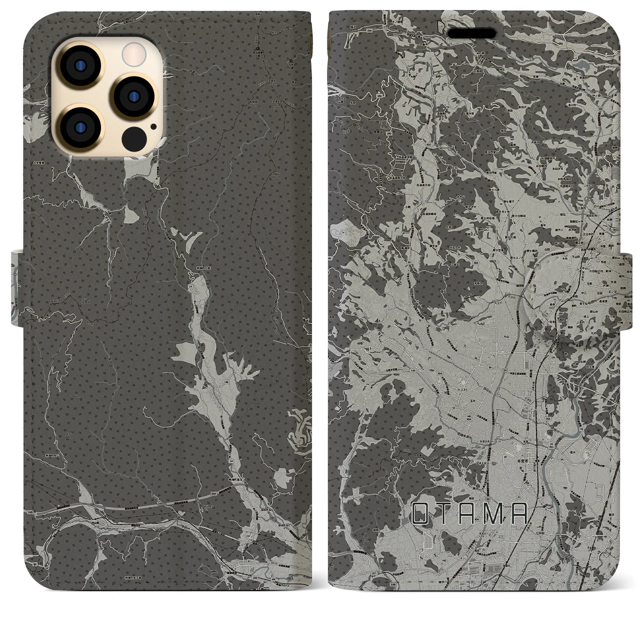 【大玉(福島県)】地図柄iPhoneケース(手帳タイプ)モノトーン・iPhone 12 Pro Max 用