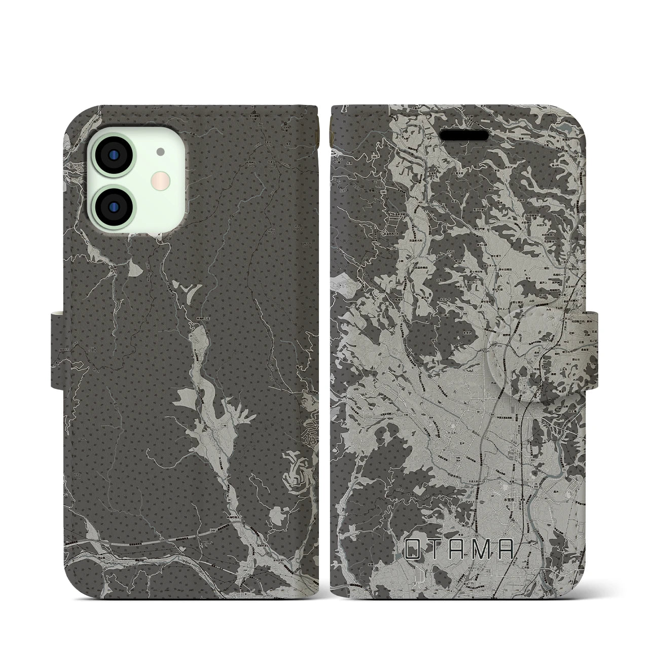 【大玉(福島県)】地図柄iPhoneケース(手帳タイプ)モノトーン・iPhone 12 mini 用