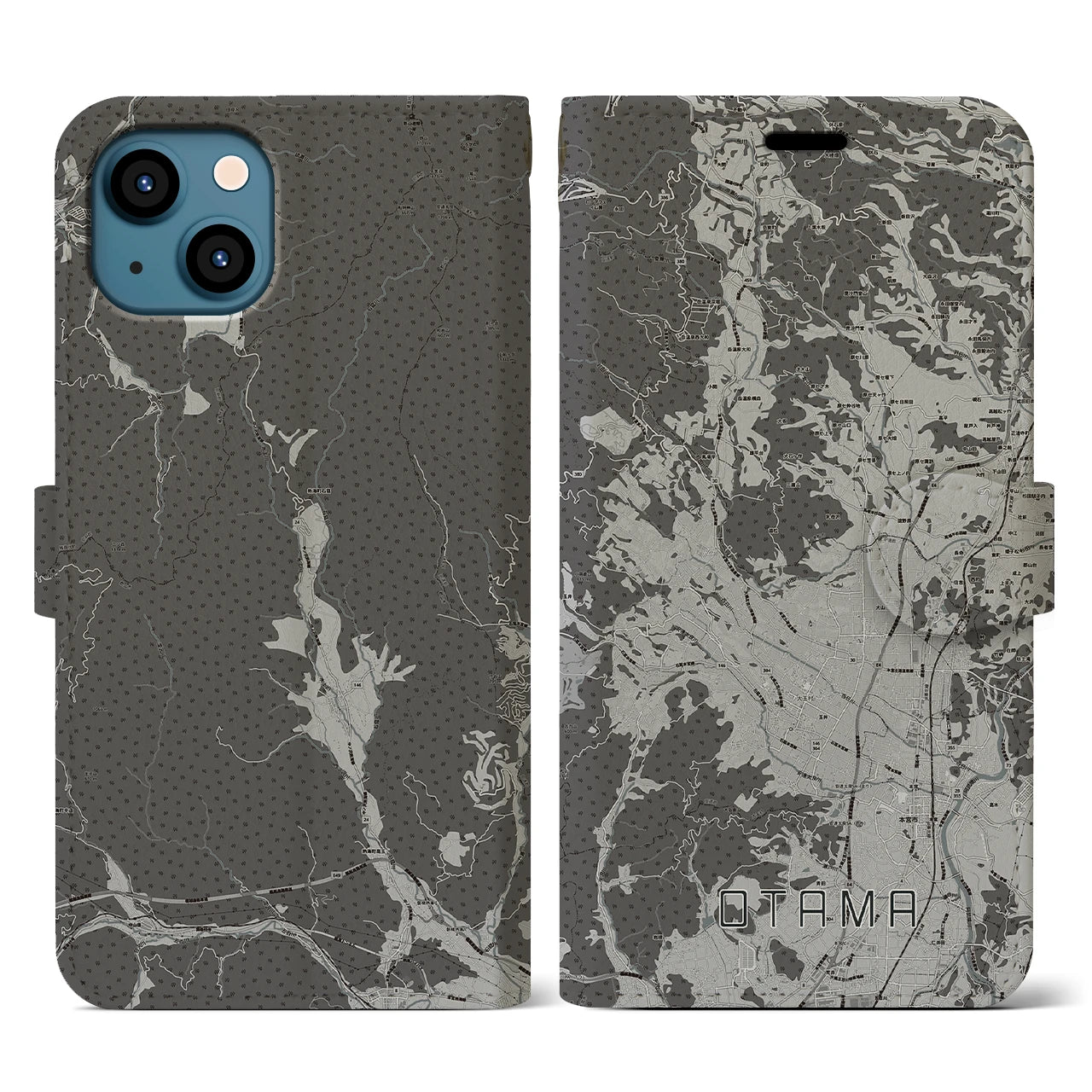 【大玉(福島県)】地図柄iPhoneケース(手帳タイプ)モノトーン・iPhone 13 用