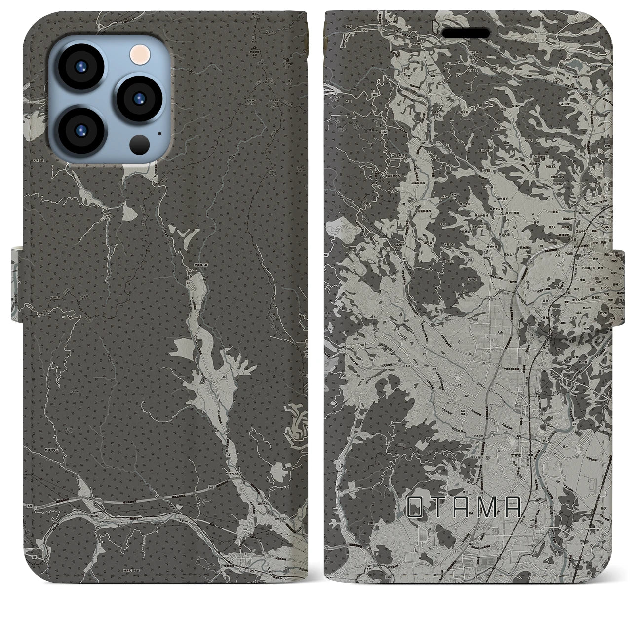 【大玉(福島県)】地図柄iPhoneケース(手帳タイプ)モノトーン・iPhone 13 Pro Max 用