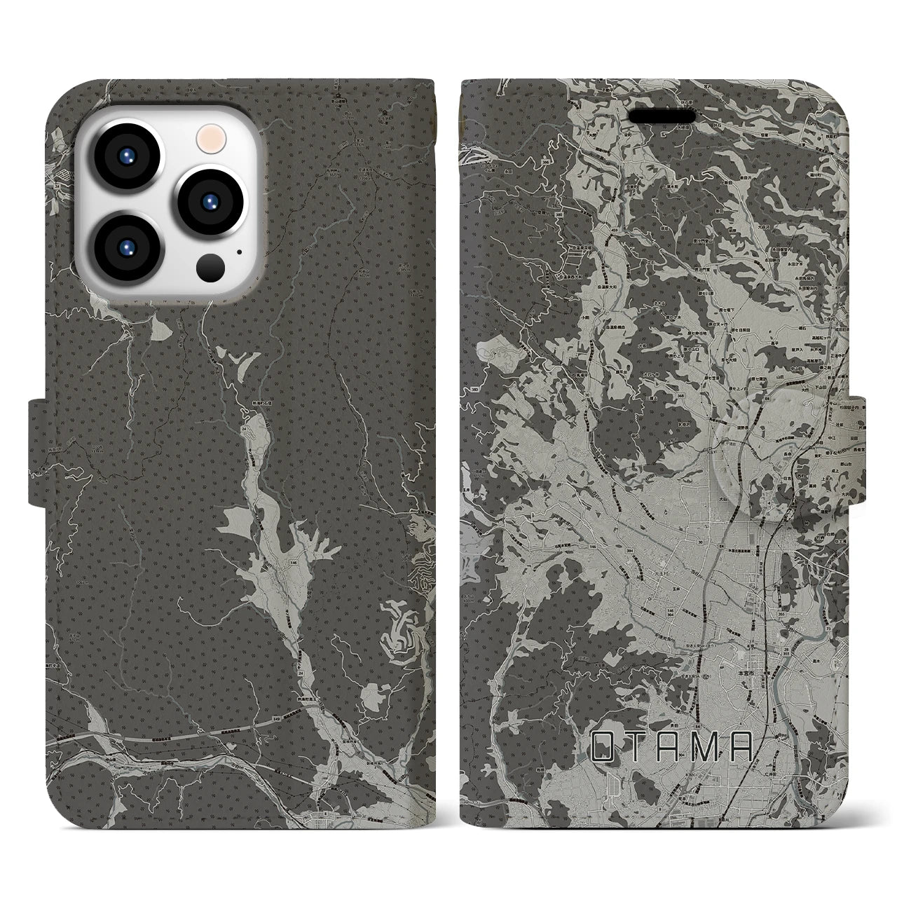 【大玉(福島県)】地図柄iPhoneケース(手帳タイプ)モノトーン・iPhone 13 Pro 用