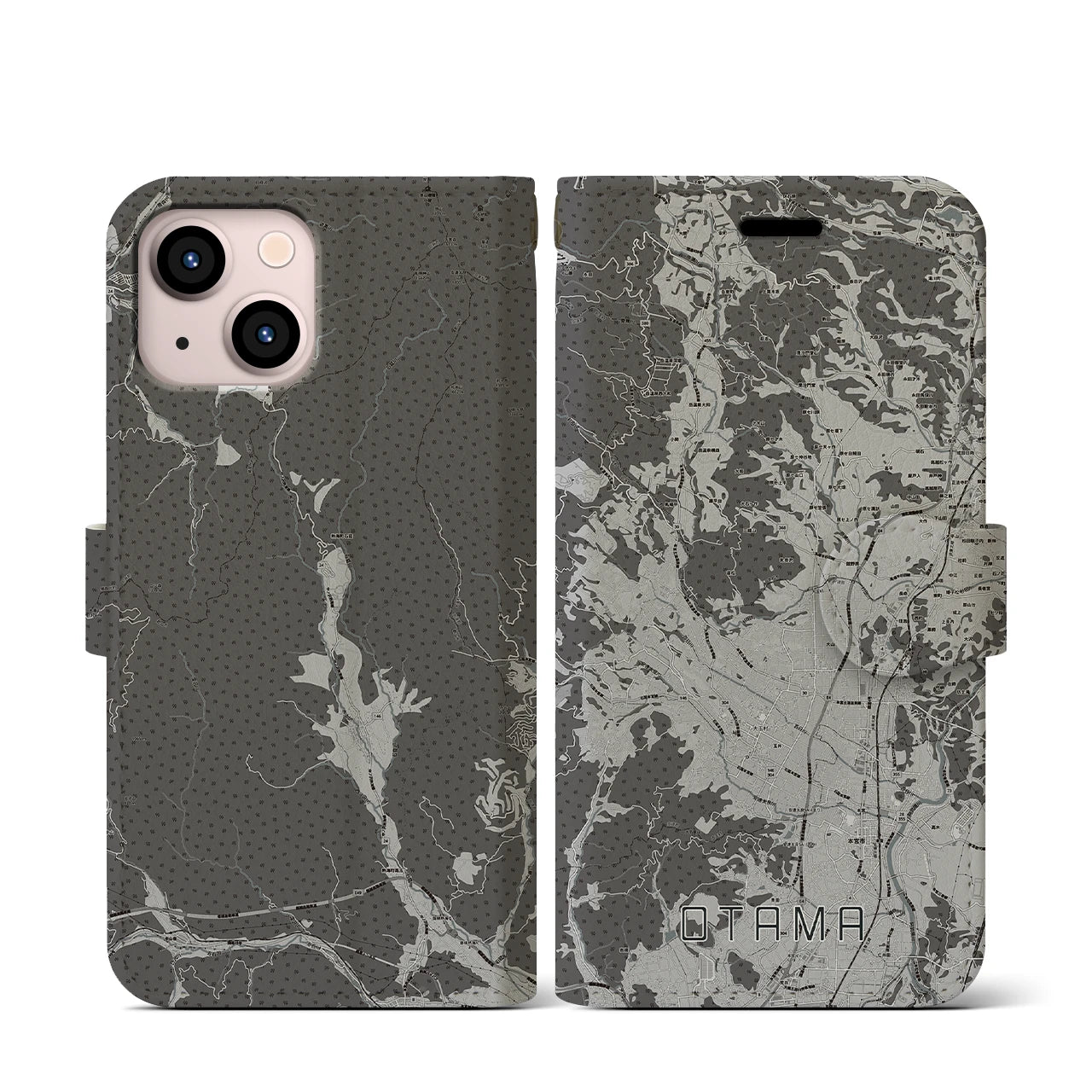 【大玉(福島県)】地図柄iPhoneケース(手帳タイプ)モノトーン・iPhone 13 mini 用