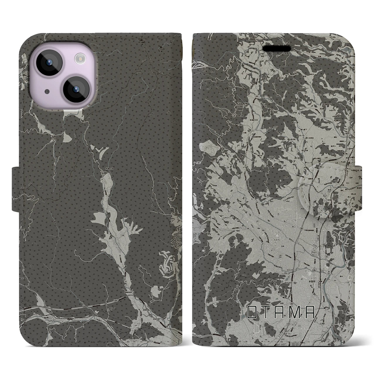 【大玉(福島県)】地図柄iPhoneケース(手帳タイプ)モノトーン・iPhone 14 用