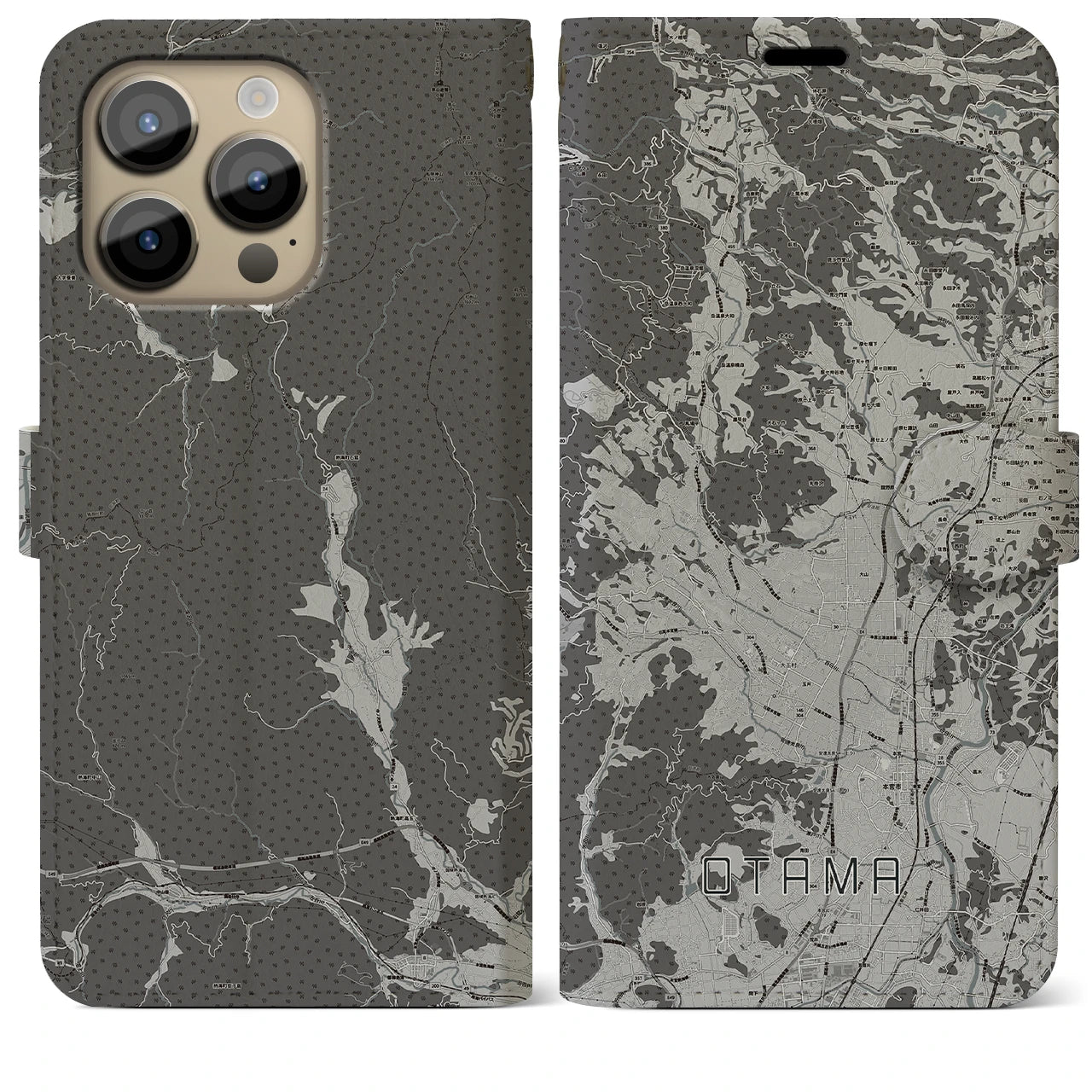 【大玉(福島県)】地図柄iPhoneケース(手帳タイプ)モノトーン・iPhone 14 Pro Max 用