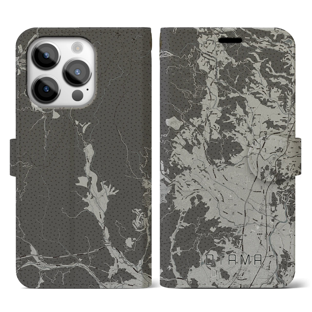 【大玉(福島県)】地図柄iPhoneケース(手帳タイプ)モノトーン・iPhone 14 Pro 用