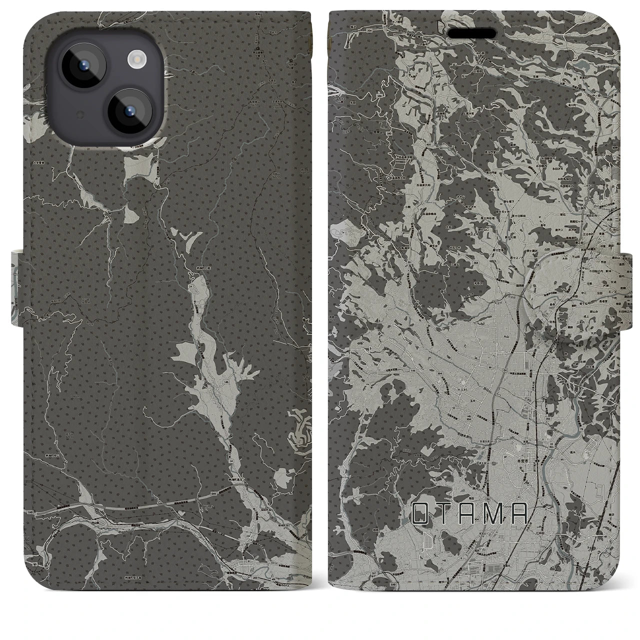 【大玉(福島県)】地図柄iPhoneケース(手帳タイプ)モノトーン・iPhone 14 Plus 用