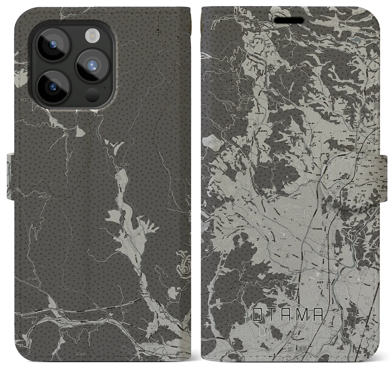 【大玉(福島県)】地図柄iPhoneケース(手帳タイプ)モノトーン・iPhone 15 Pro Max 用