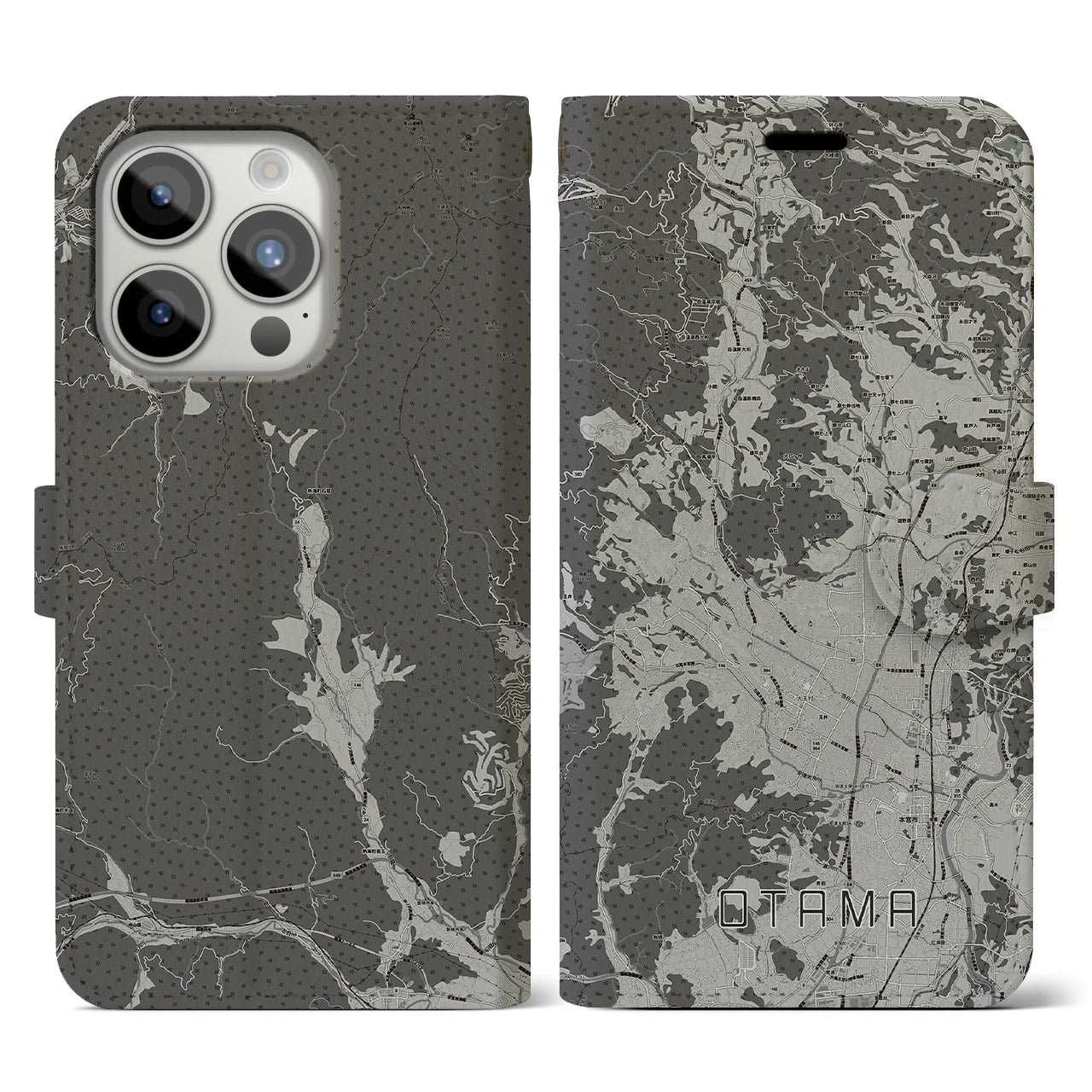 【大玉(福島県)】地図柄iPhoneケース(手帳タイプ)モノトーン・iPhone 15 Pro 用