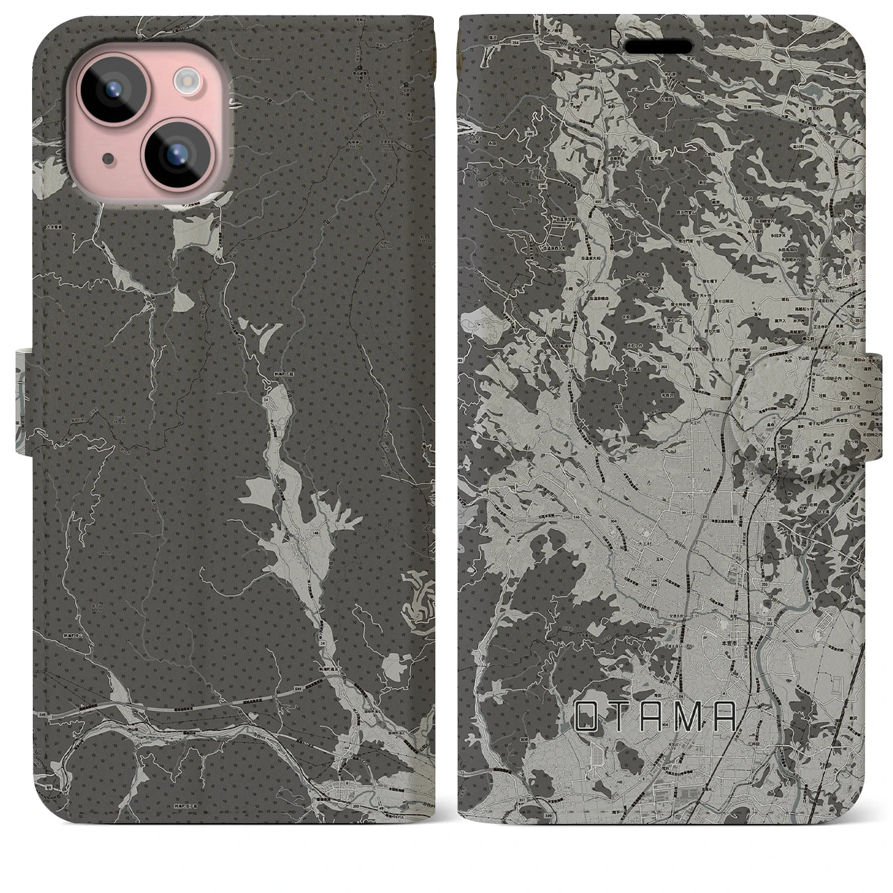 【大玉(福島県)】地図柄iPhoneケース(手帳タイプ)モノトーン・iPhone 15 Plus 用