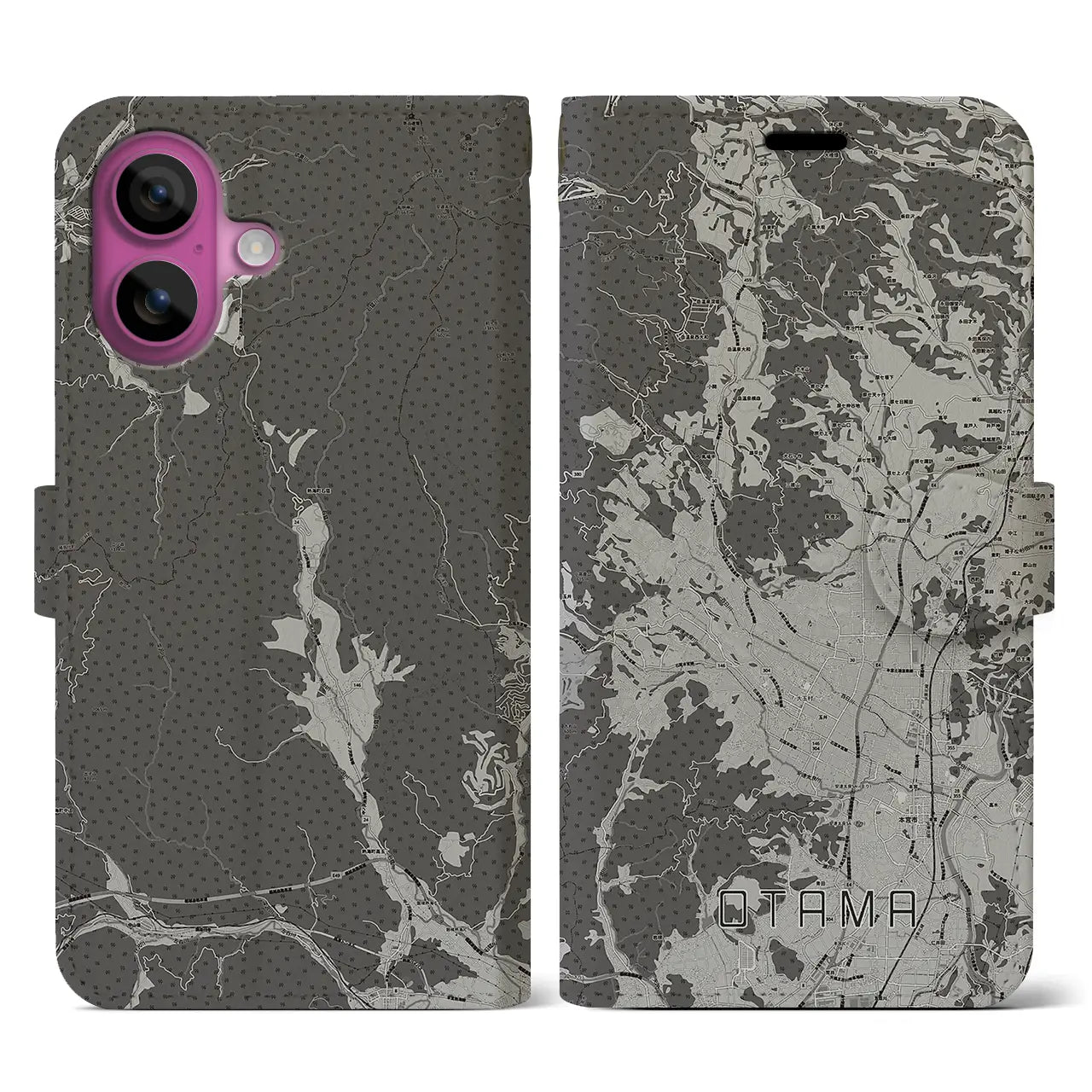 【大玉(福島県)】地図柄iPhoneケース(手帳タイプ)モノトーン・iPhone 16 Pro 用