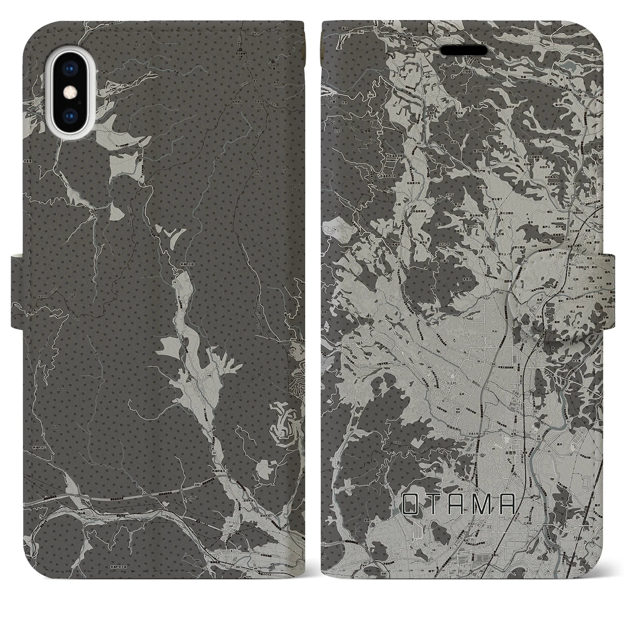 【大玉(福島県)】地図柄iPhoneケース(手帳タイプ)モノトーン・iPhone XS Max 用
