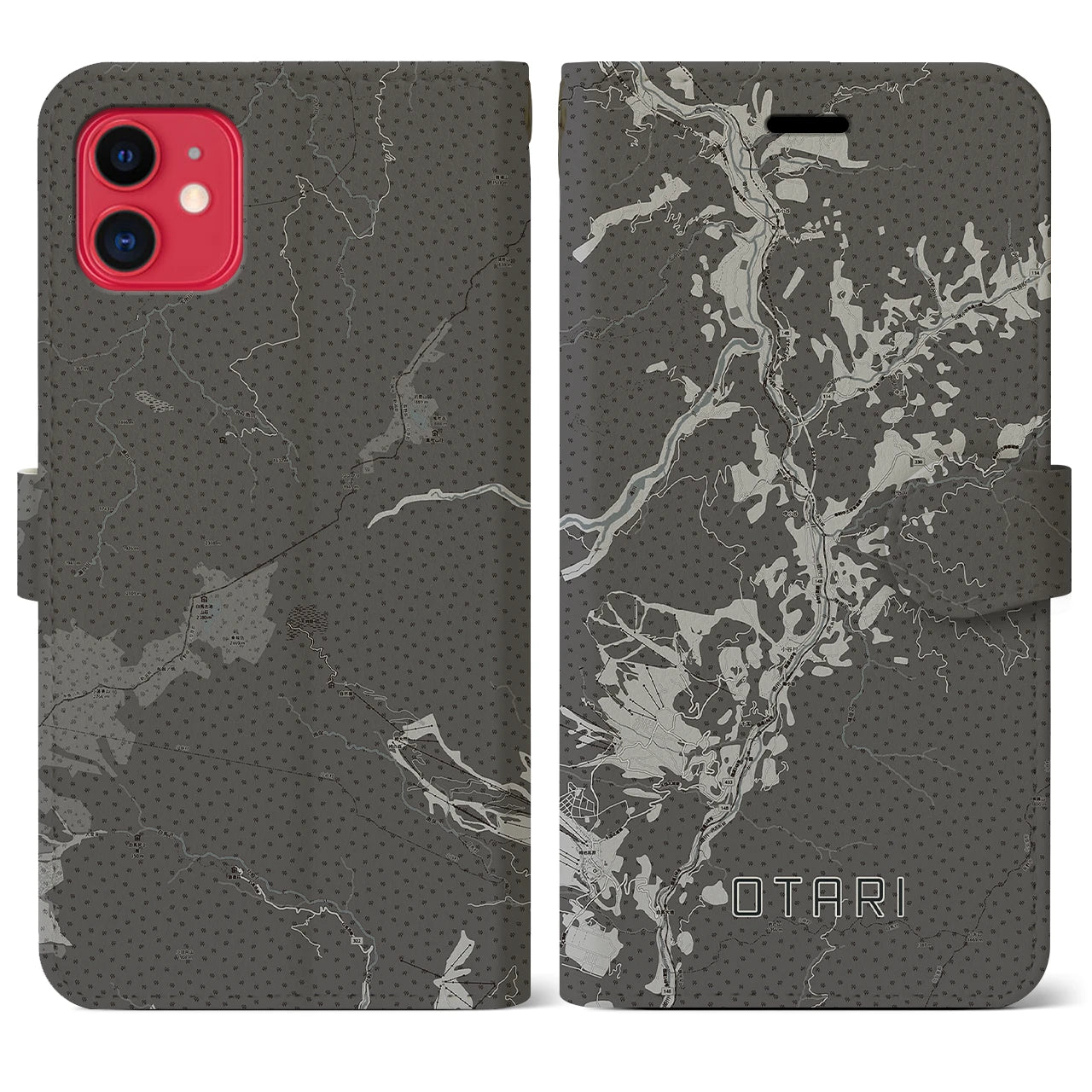 【小谷(長野県)】地図柄iPhoneケース(手帳タイプ)モノトーン・iPhone 11 用