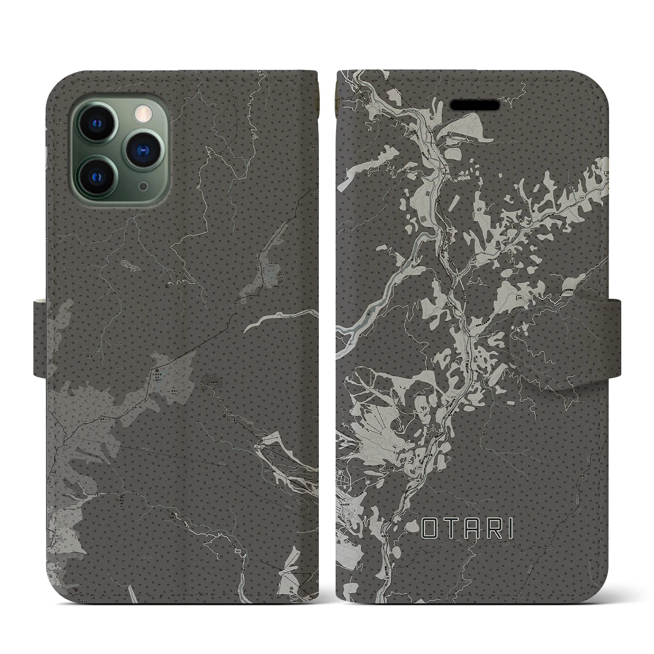 【小谷(長野県)】地図柄iPhoneケース(手帳タイプ)モノトーン・iPhone 11 Pro 用