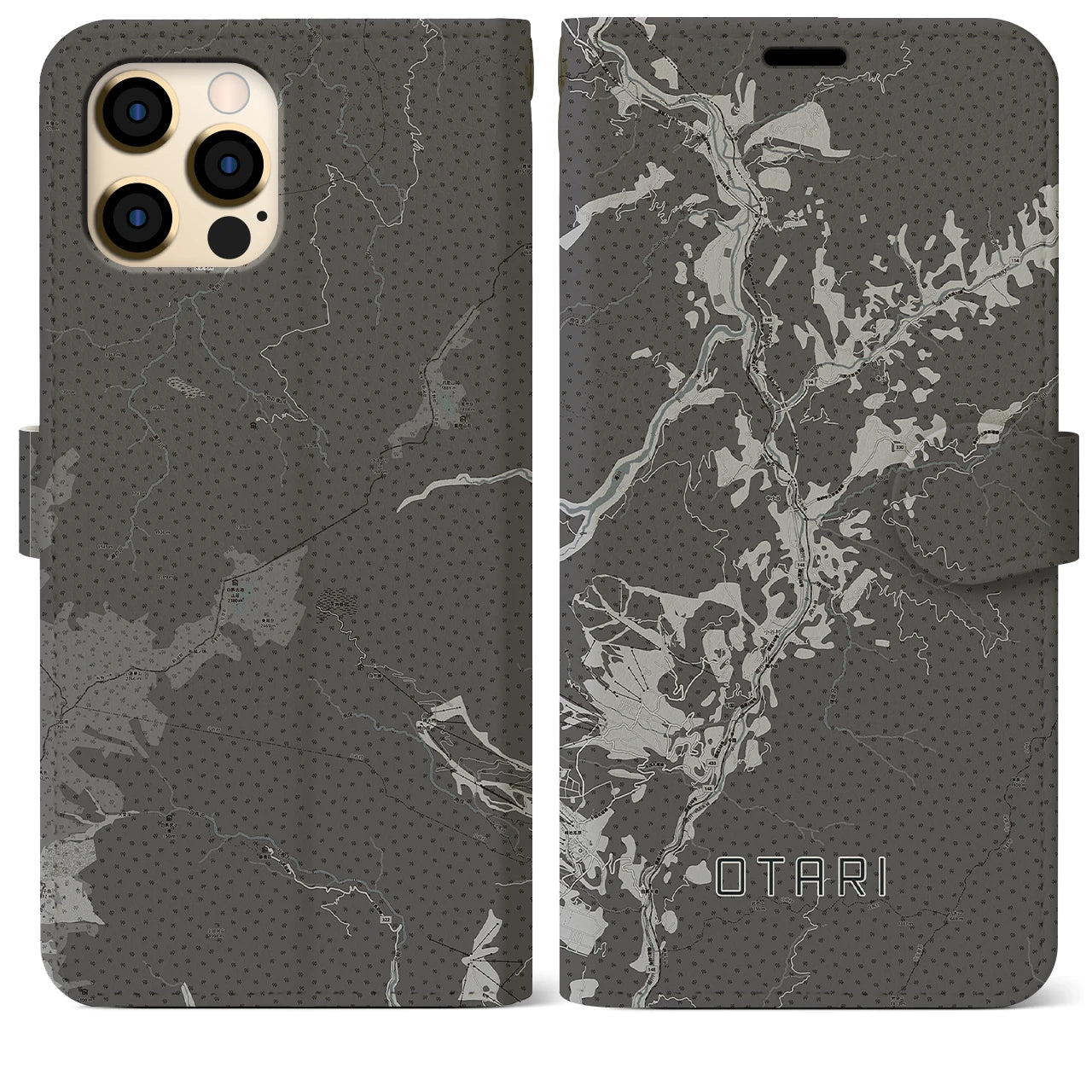 【小谷(長野県)】地図柄iPhoneケース(手帳タイプ)モノトーン・iPhone 12 Pro Max 用