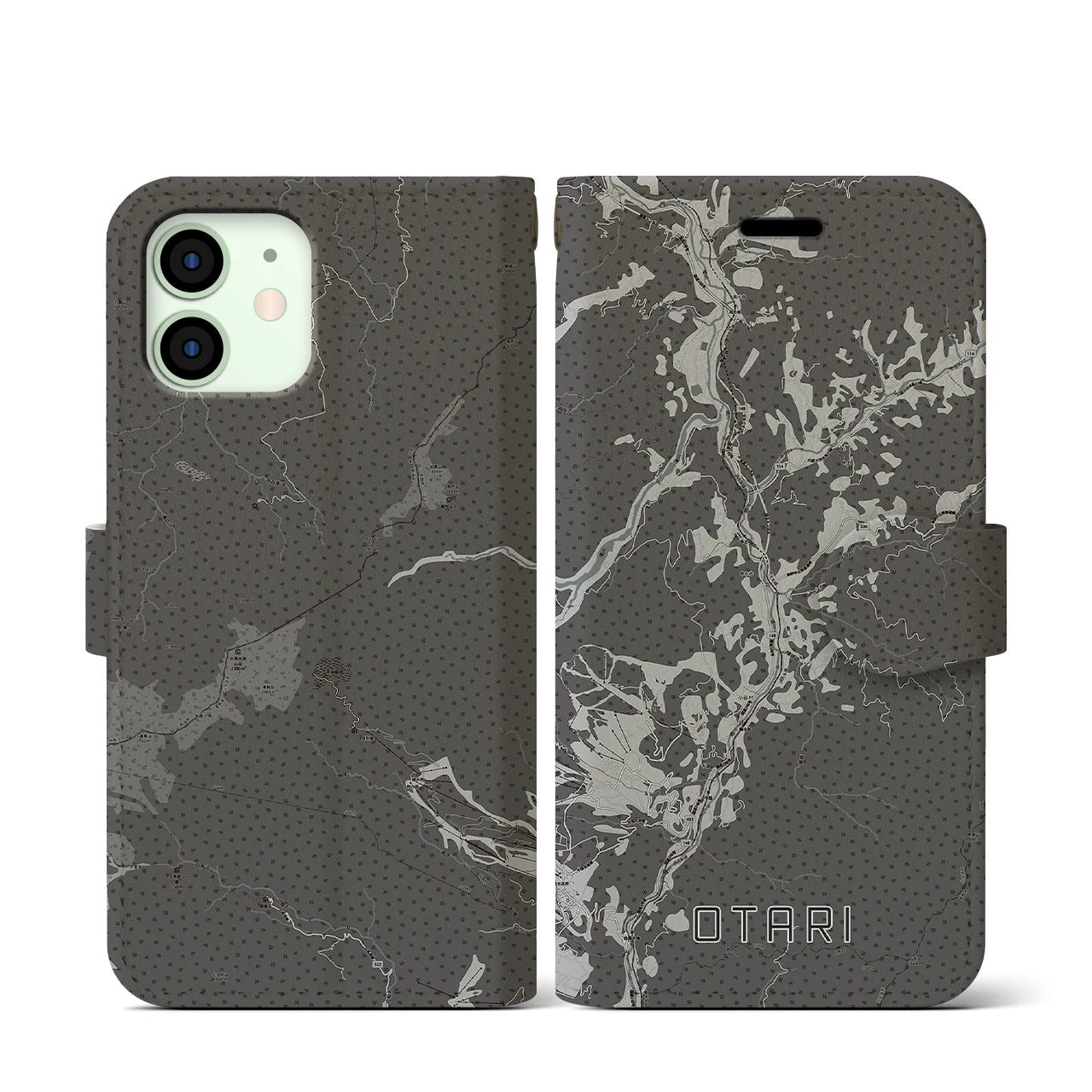 【小谷(長野県)】地図柄iPhoneケース(手帳タイプ)モノトーン・iPhone 12 mini 用