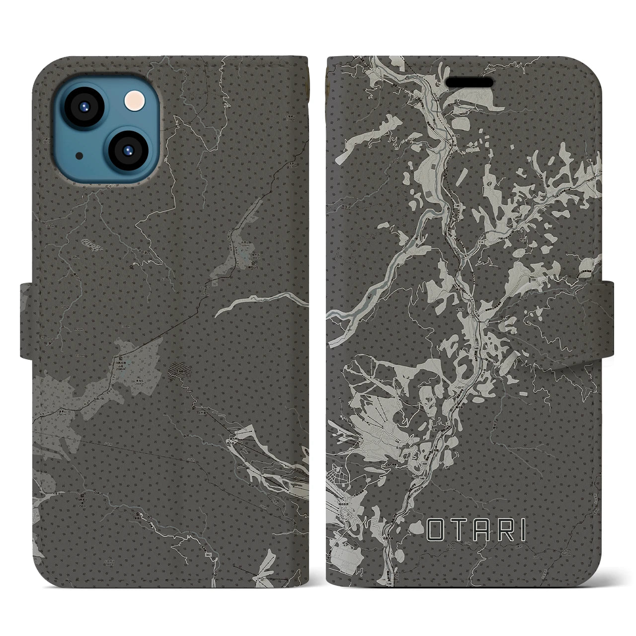 【小谷(長野県)】地図柄iPhoneケース(手帳タイプ)モノトーン・iPhone 13 用