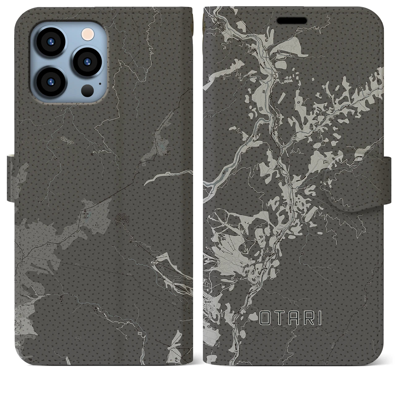 【小谷(長野県)】地図柄iPhoneケース(手帳タイプ)モノトーン・iPhone 13 Pro Max 用