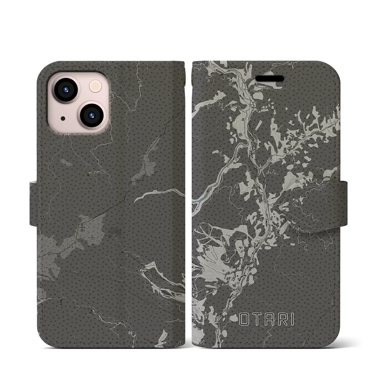 【小谷(長野県)】地図柄iPhoneケース(手帳タイプ)モノトーン・iPhone 13 mini 用