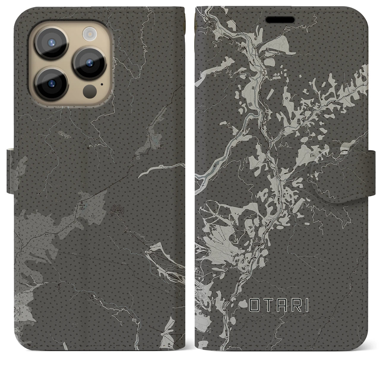 【小谷(長野県)】地図柄iPhoneケース(手帳タイプ)モノトーン・iPhone 14 Pro Max 用