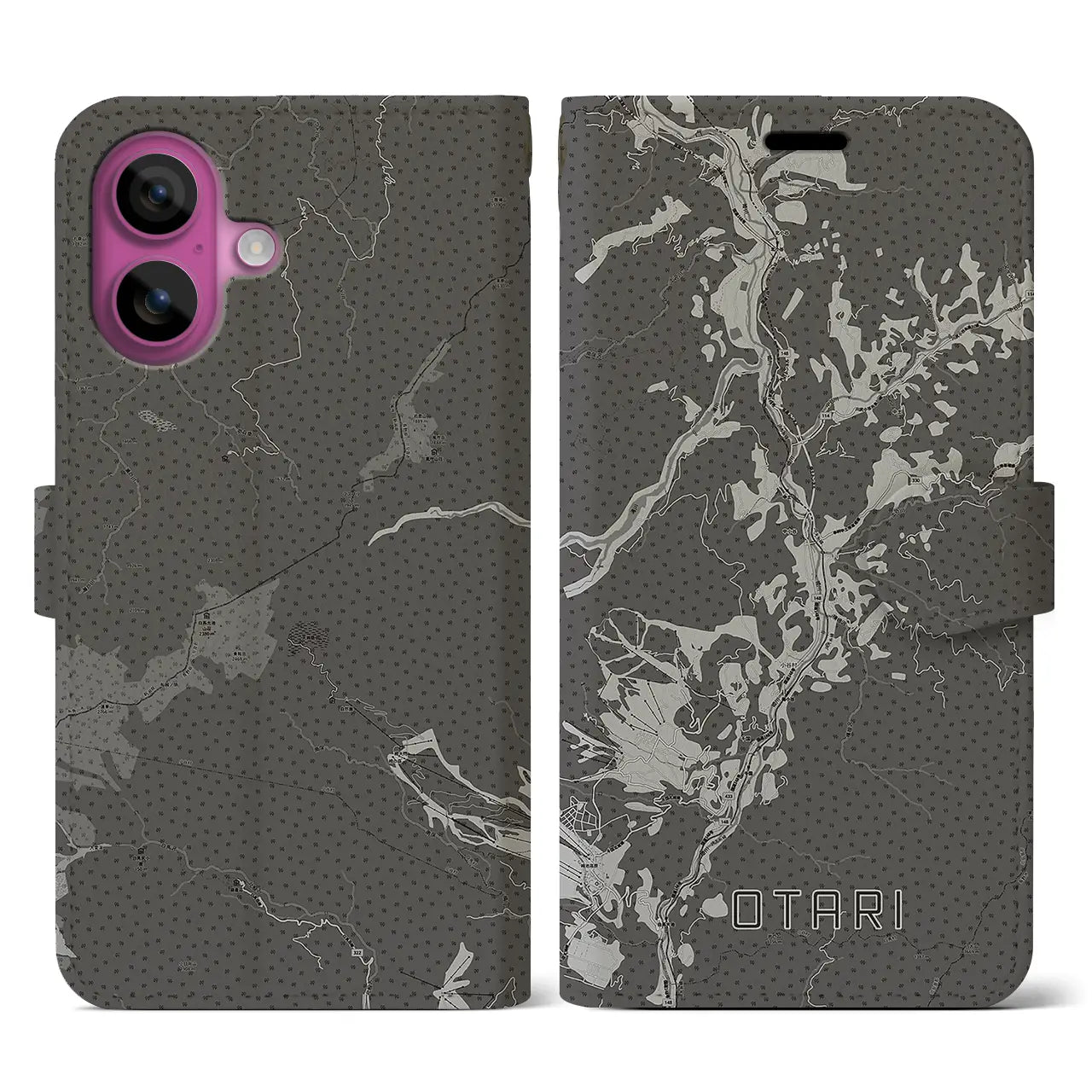 【小谷(長野県)】地図柄iPhoneケース(手帳タイプ)モノトーン・iPhone 16 Pro 用