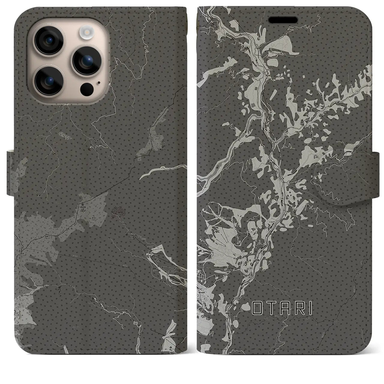 【小谷(長野県)】地図柄iPhoneケース(手帳タイプ)モノトーン・iPhone 16 Plus 用