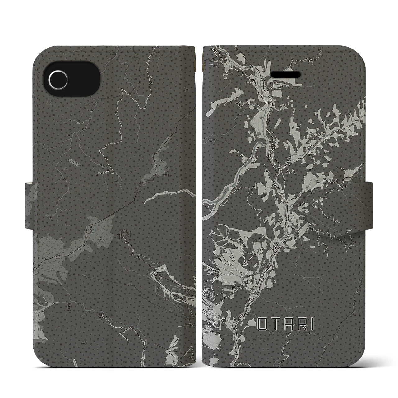 【小谷(長野県)】地図柄iPhoneケース(手帳タイプ)モノトーン・iPhone SE(第3 / 第2世代) / 8 / 7 / 6s / 6 用