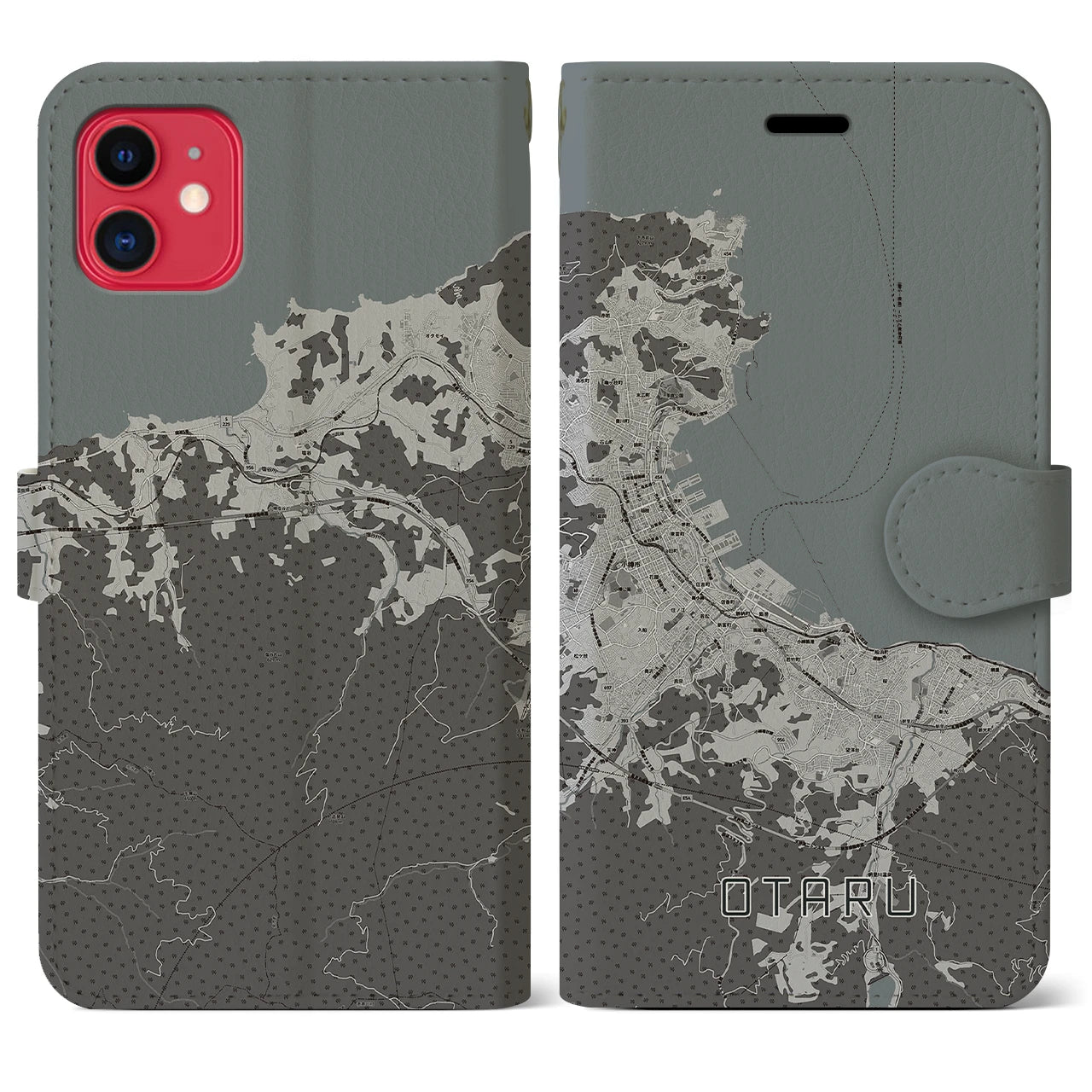 【小樽(北海道)】地図柄iPhoneケース(手帳タイプ)モノトーン・iPhone 11 用
