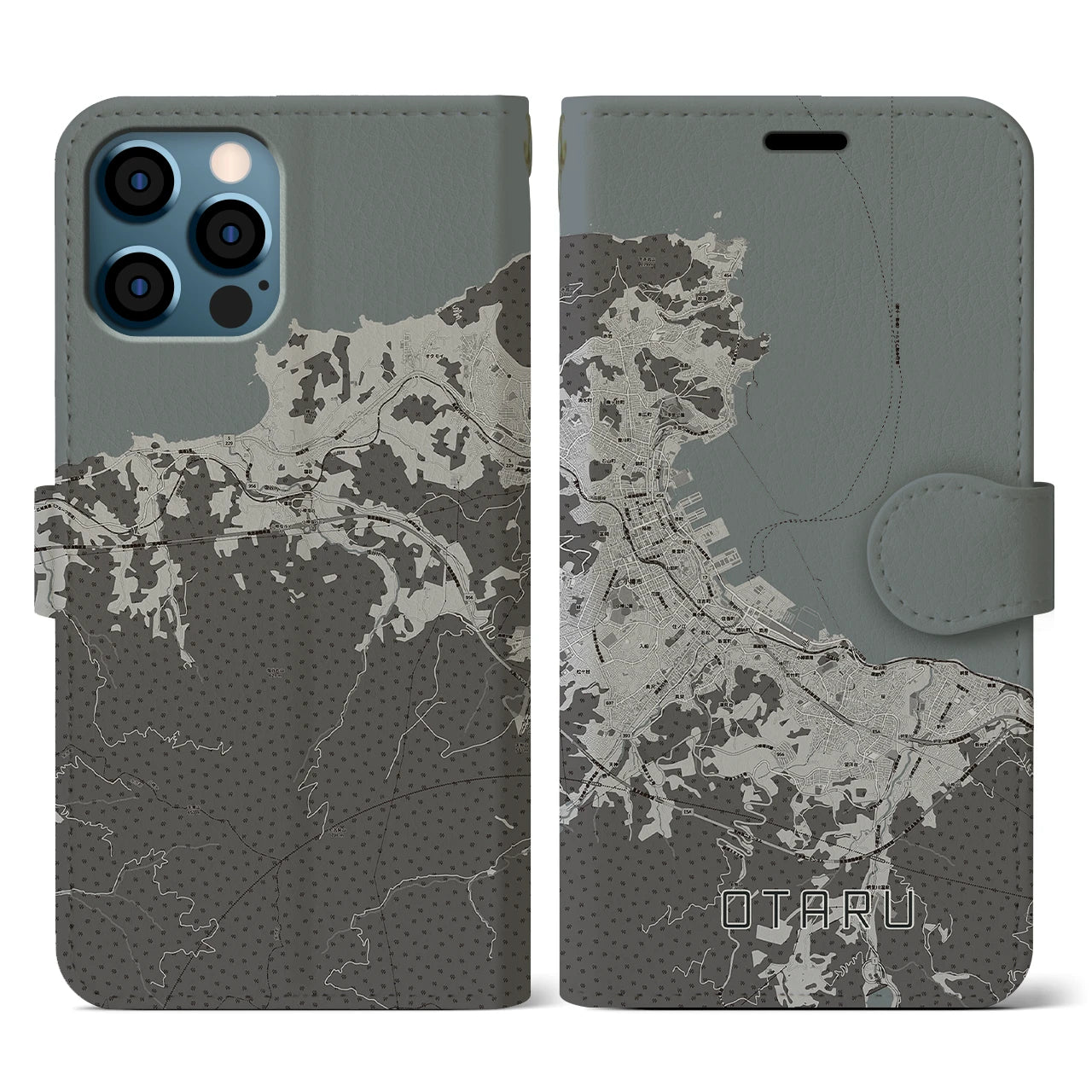 【小樽(北海道)】地図柄iPhoneケース(手帳タイプ)モノトーン・iPhone 12 / 12 Pro 用