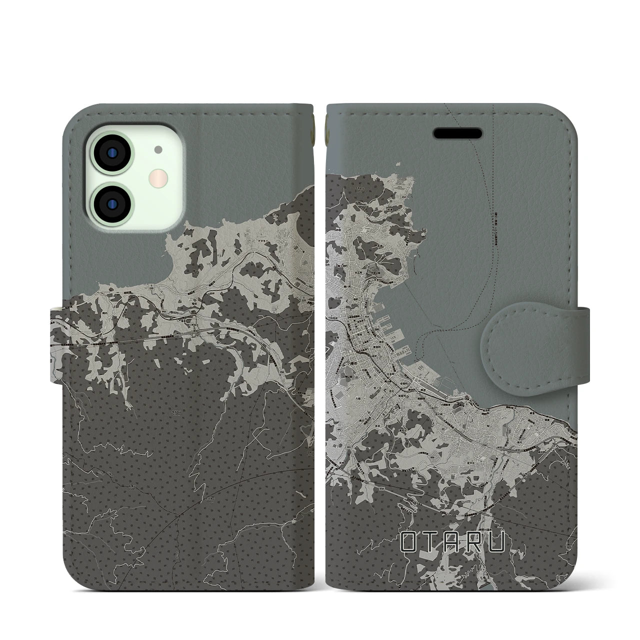 【小樽(北海道)】地図柄iPhoneケース(手帳タイプ)モノトーン・iPhone 12 mini 用