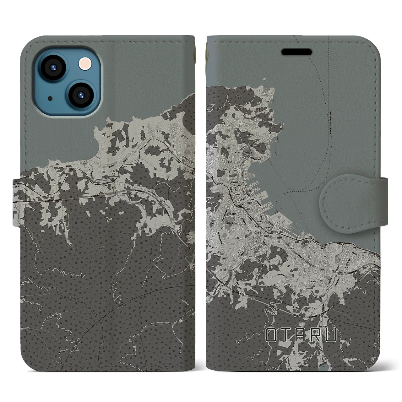 【小樽(北海道)】地図柄iPhoneケース(手帳タイプ)モノトーン・iPhone 13 用