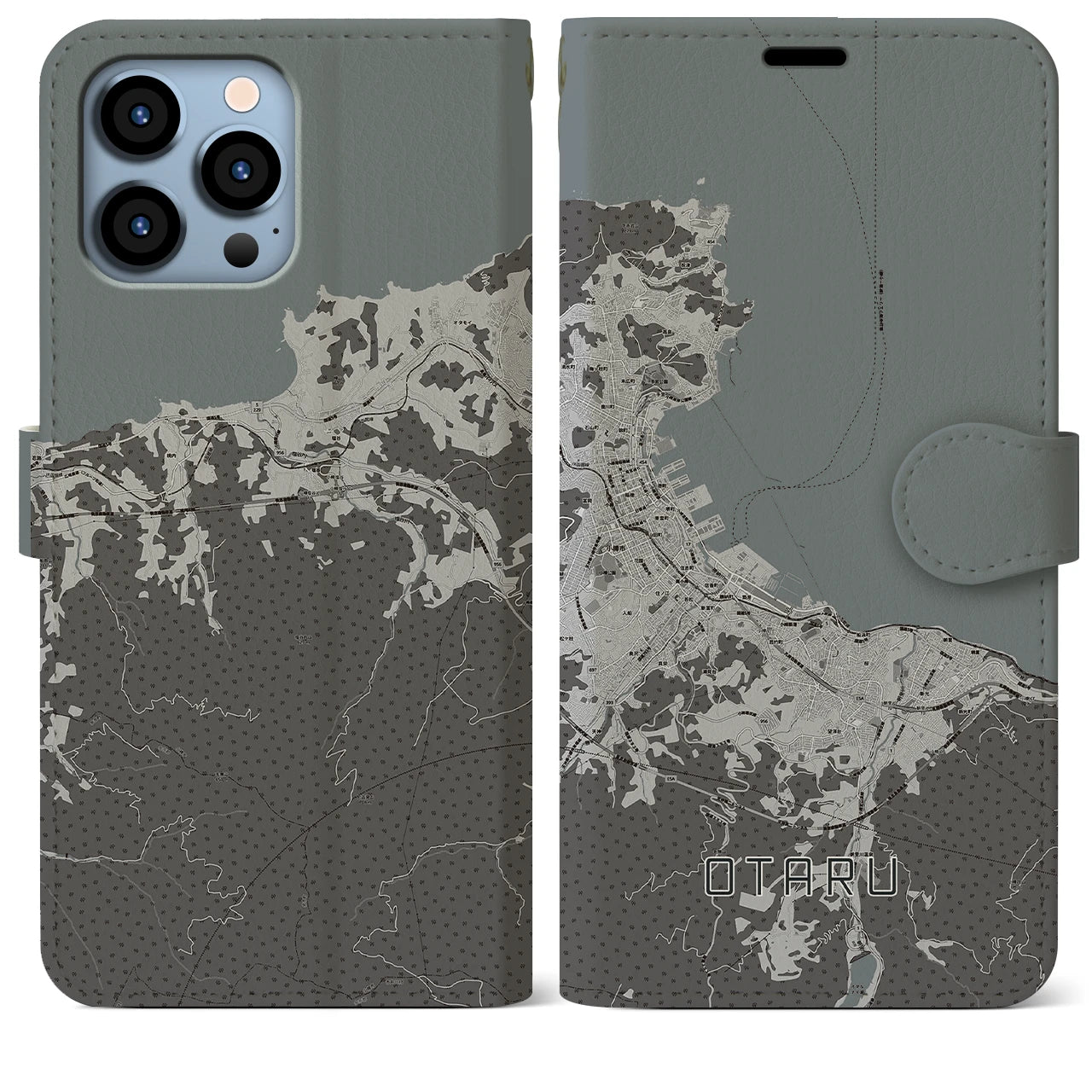 【小樽(北海道)】地図柄iPhoneケース(手帳タイプ)モノトーン・iPhone 13 Pro Max 用