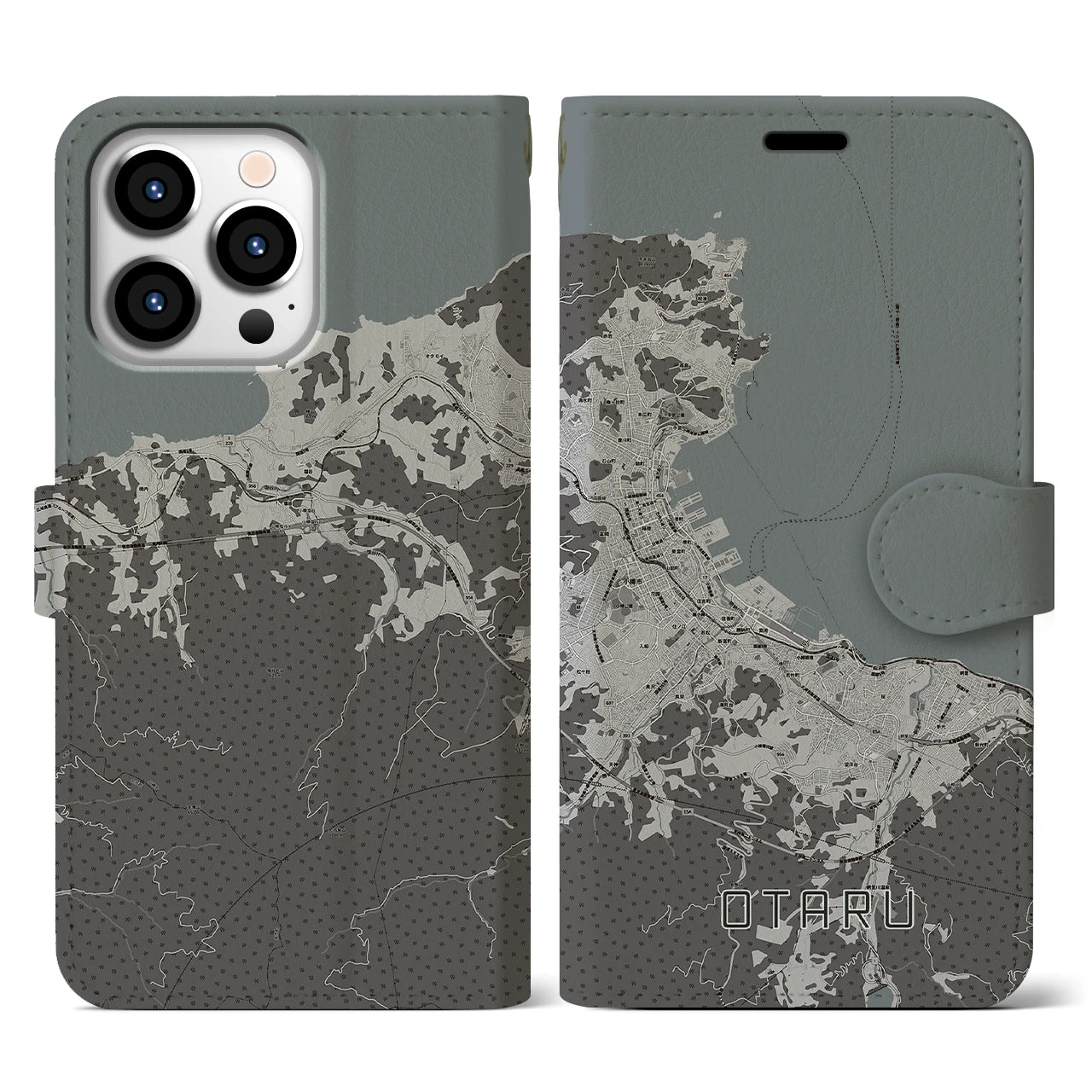【小樽(北海道)】地図柄iPhoneケース(手帳タイプ)モノトーン・iPhone 13 Pro 用
