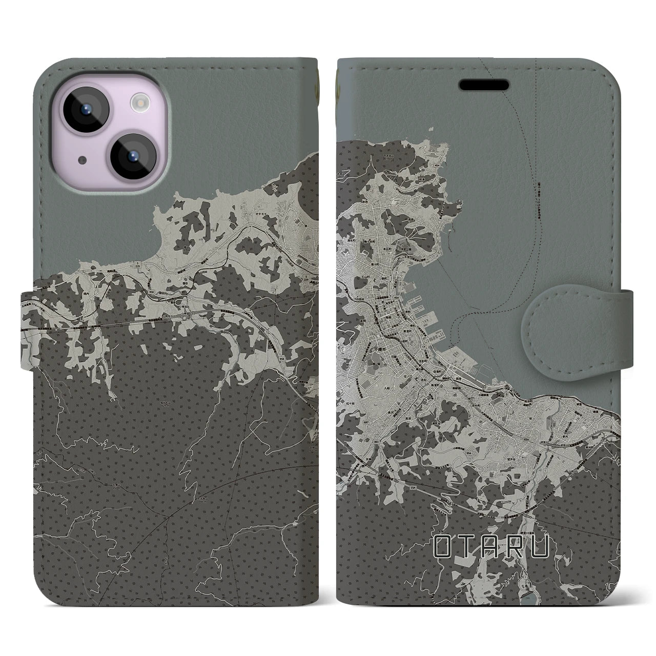 【小樽(北海道)】地図柄iPhoneケース(手帳タイプ)モノトーン・iPhone 14 用