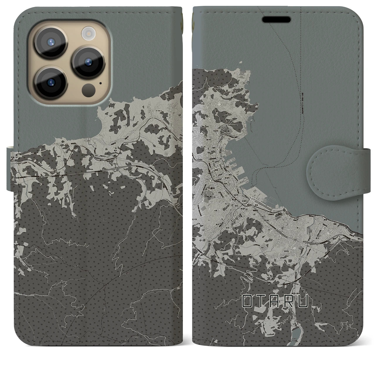【小樽(北海道)】地図柄iPhoneケース(手帳タイプ)モノトーン・iPhone 14 Pro Max 用