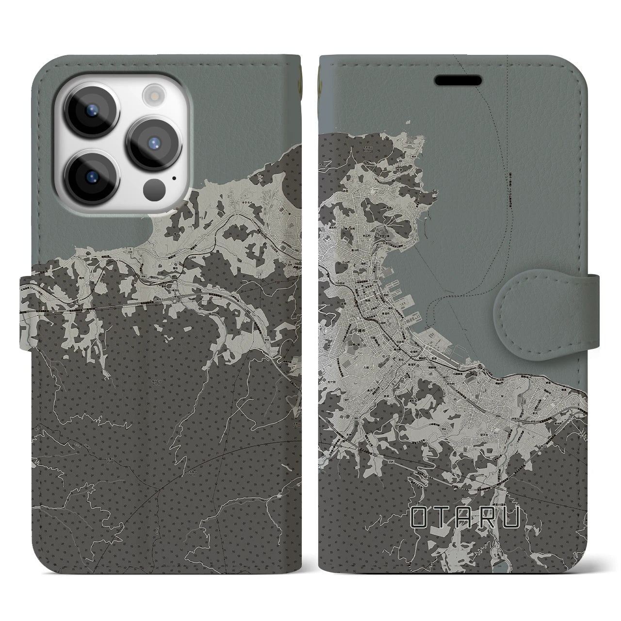 【小樽(北海道)】地図柄iPhoneケース(手帳タイプ)モノトーン・iPhone 14 Pro 用