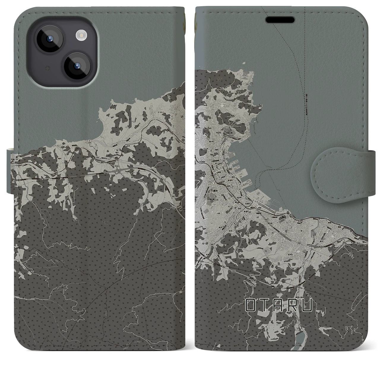【小樽(北海道)】地図柄iPhoneケース(手帳タイプ)モノトーン・iPhone 14 Plus 用
