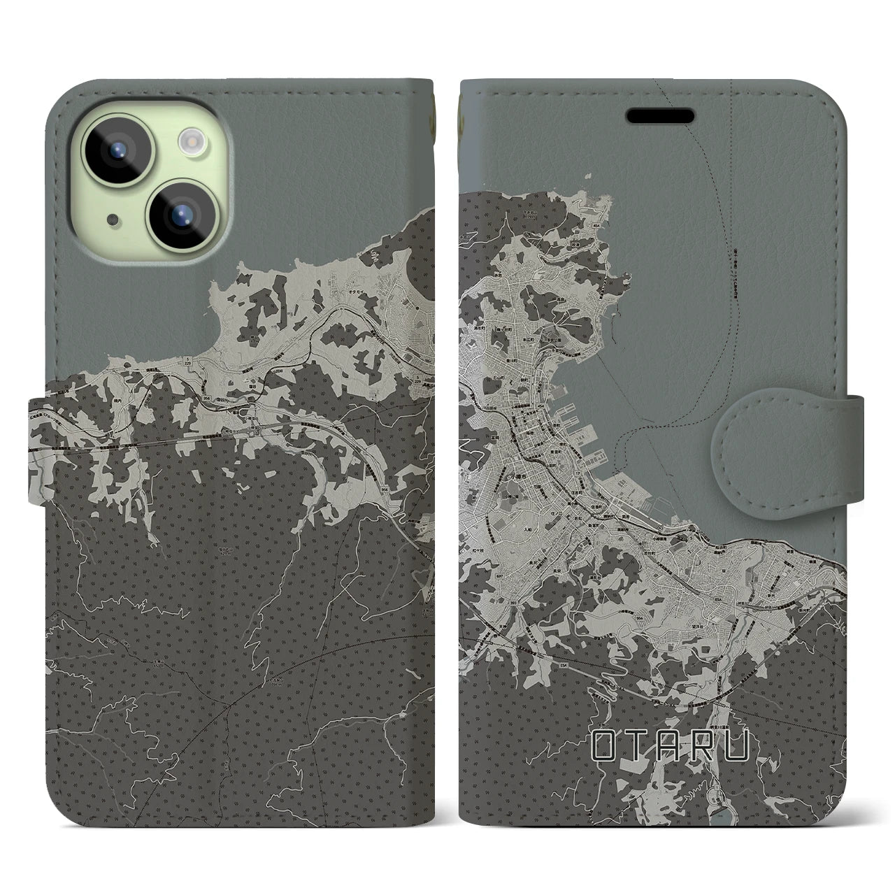 【小樽(北海道)】地図柄iPhoneケース(手帳タイプ)モノトーン・iPhone 15 用